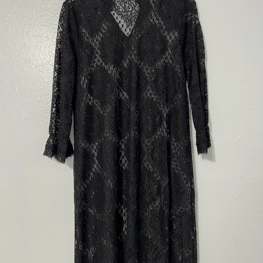 Forever 21 Lace Shirt Dress Womens Medium Black Midi Romantic Goth Sheer - Picture 2 of 9